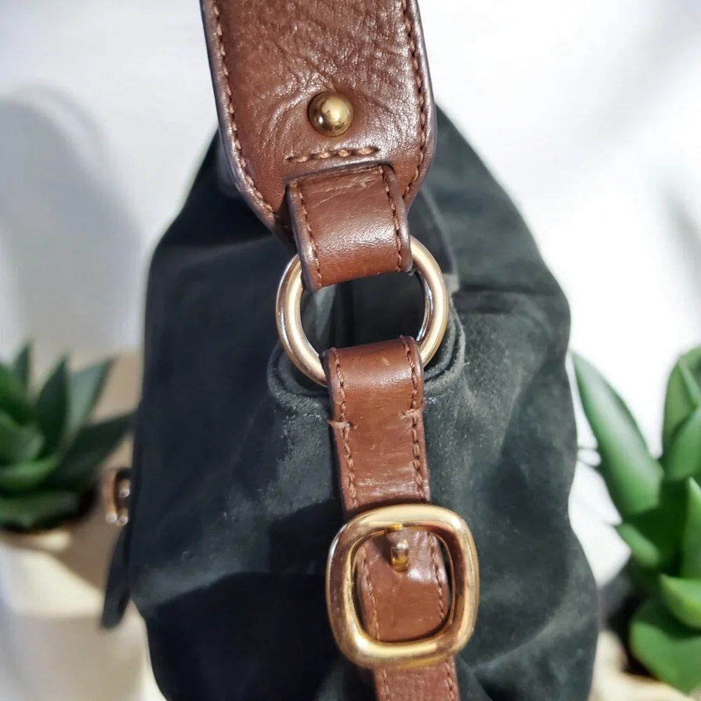 Michael Kors Dark‎ Green Black Suede And Leather Hobo Shoulder Bag